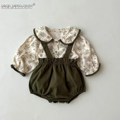 2023 Φθινόπωρο Βρεφικά Παιδικά Κοριτσίστικα Peter Pan Κολάρο Top Floral πουκάμισα + φόρμες με λουράκι Κορμάκια Νεογέννητα Βρεφικά Σετ ρούχων 2 τμχ 0-3Y