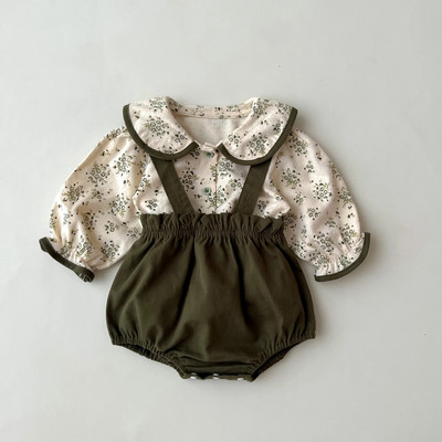 2023 Φθινόπωρο Βρεφικά Παιδικά Κοριτσίστικα Peter Pan Κολάρο Top Floral πουκάμισα + φόρμες με λουράκι Κορμάκια Νεογέννητα Βρεφικά Σετ ρούχων 2 τμχ 0-3Y