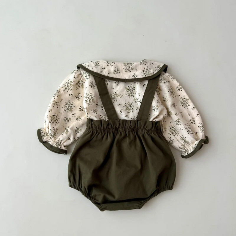 2023 Φθινόπωρο Βρεφικά Παιδικά Κοριτσίστικα Peter Pan Κολάρο Top Floral πουκάμισα + φόρμες με λουράκι Κορμάκια Νεογέννητα Βρεφικά Σετ ρούχων 2 τμχ 0-3Y
