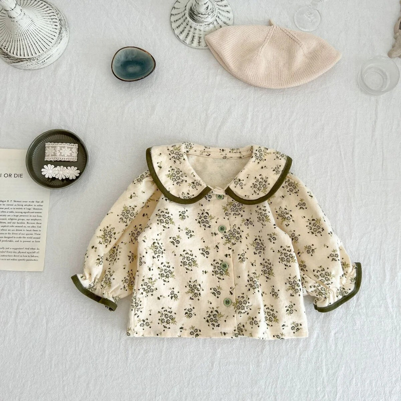 2023 Φθινόπωρο Βρεφικά Παιδικά Κοριτσίστικα Peter Pan Κολάρο Top Floral πουκάμισα + φόρμες με λουράκι Κορμάκια Νεογέννητα Βρεφικά Σετ ρούχων 2 τμχ 0-3Y