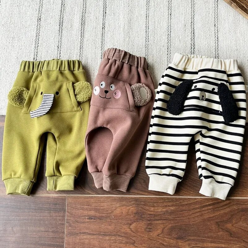 Téli gyereknadrágok Rajzfilm Bélés Szőrme Tipegő Fiúk Nadrágok Lányok Vastag Meleg Alkalmi nadrágok