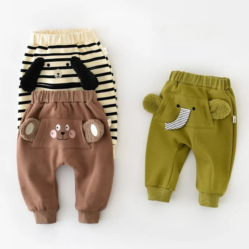 Téli gyereknadrágok Rajzfilm Bélés Szőrme Tipegő Fiúk Nadrágok Lányok Vastag Meleg Alkalmi nadrágok