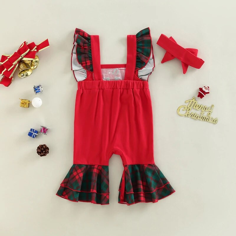 Kislány kisfiú karácsonyi kombiné, kockás patchwork, négyszögletes nyakú, csengőaljú nadrág fejpánttal, 3-24 hónapos gyerekeknek