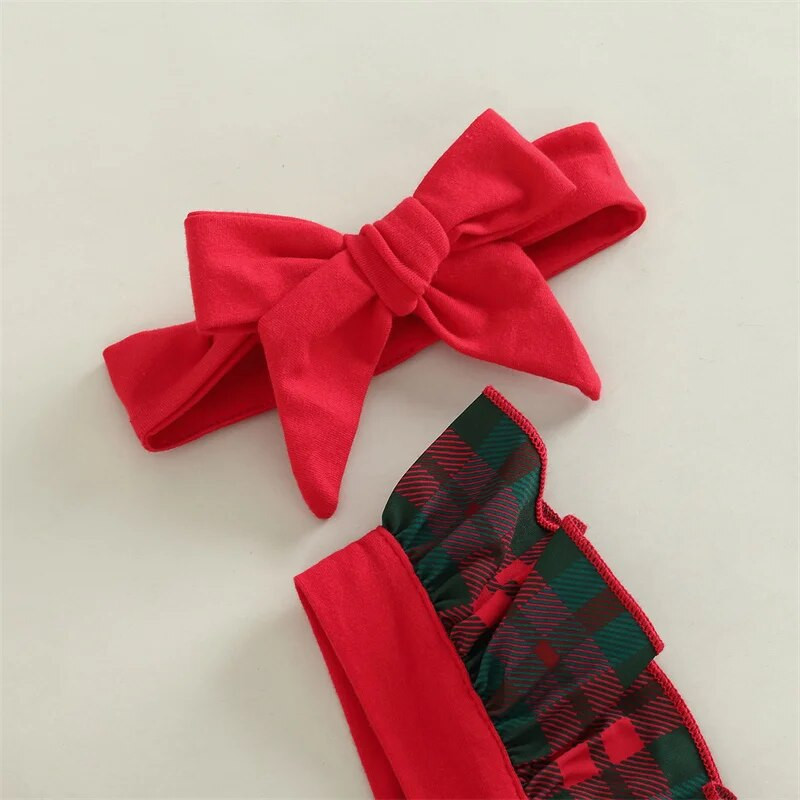 Kislány kisfiú karácsonyi kombiné, kockás patchwork, négyszögletes nyakú, csengőaljú nadrág fejpánttal, 3-24 hónapos gyerekeknek