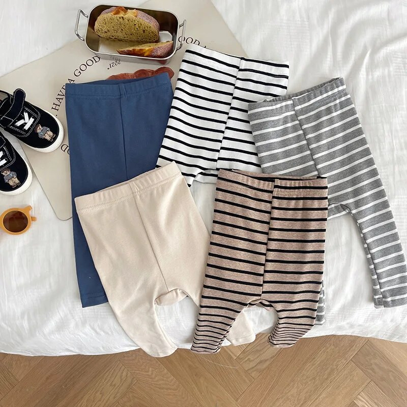 Újszülött baba PP nadrág 0-3 éves csecsemő fiú lány rugalmas derék csíkos/ tömör pamut leggings alsó alkalmi ruhák tavaszi ruhák