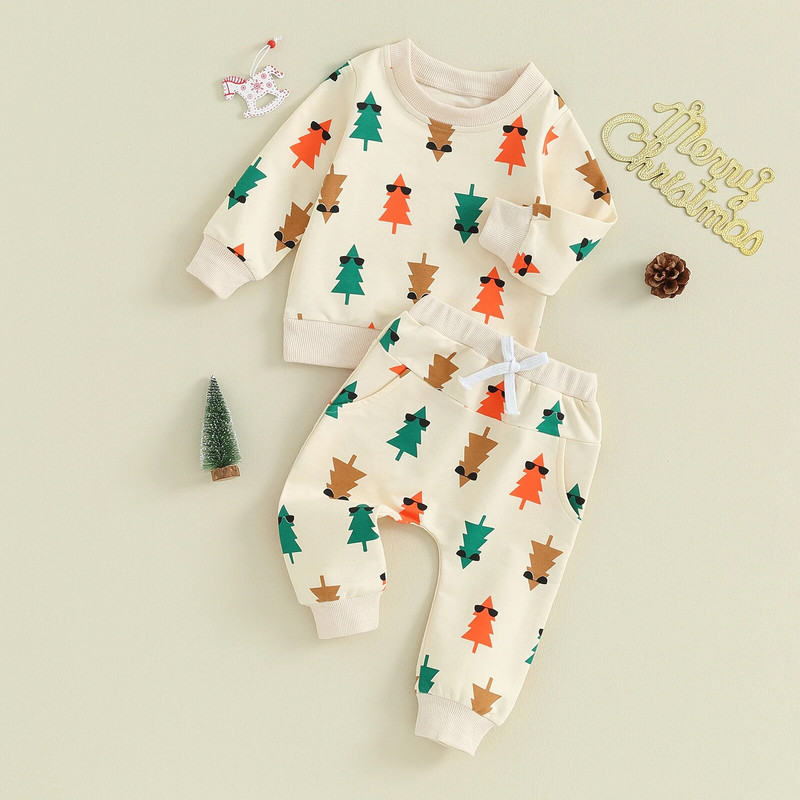 ma&baby 0-3G Ziemassvētki Jaundzimušais Zēns Zēns Meitene Drēbju komplekti Koka apdruka ar garām piedurknēm Topi Bikses Ziemassvētku Kostīmi Tērpi