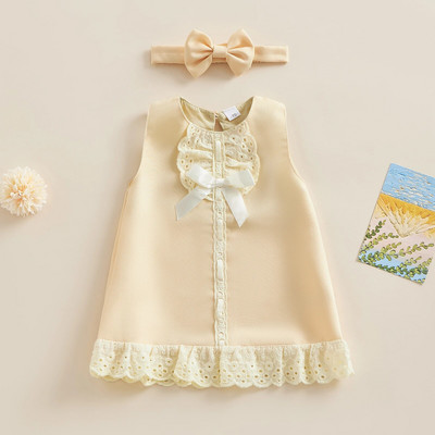 Lovelys Baby Girls vasaras A līnijas kleitas bez piedurknēm O kakla mežģīņu apdares bantītes kleita Galvas saite Bērnu sauļošanās apģērbi