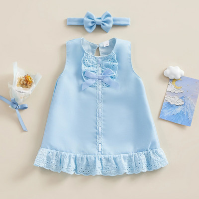 Lovelys Baby Girls vasaras A līnijas kleitas bez piedurknēm O kakla mežģīņu apdares bantītes kleita Galvas saite Bērnu sauļošanās apģērbi