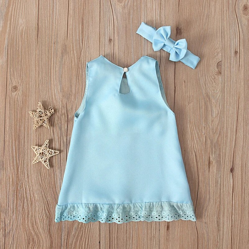 Lovelys Baby Girls vasaras A līnijas kleitas bez piedurknēm O kakla mežģīņu apdares bantītes kleita Galvas saite Bērnu sauļošanās apģērbi