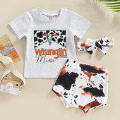 Western Baby Girl Drēbes Boho Cow Print ar īsām piedurknēm T kreklu tops + Bloomer šortu komplekts Zīdaiņu vasaras tērpi 3 gab.