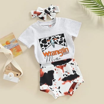 Западни дрехи за бебешки момичета Boho Cow Print Тениска с къс ръкав Горнище + Комплект къси панталони за бебета Летни комплекти от 3 бр.