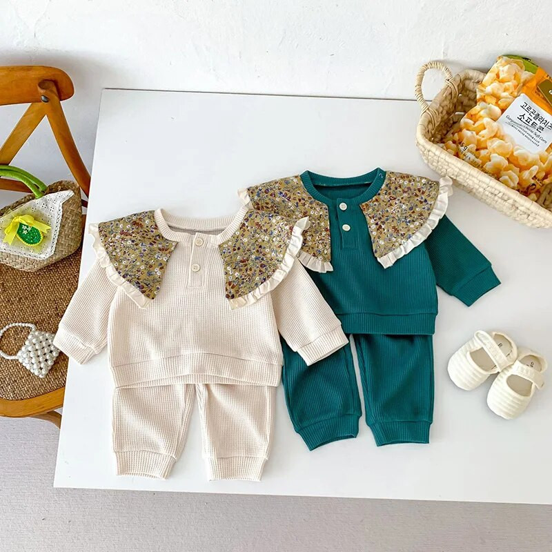 MILANCE 2023. gada rudens jauns mazuļu apģērba komplekts, vafeļu meitenēm ar kapuci, kostīms ar ziedu apkakles topi un bikses