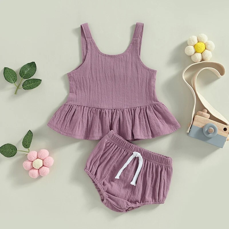 0-24M dievčenské ležérne letné oblečenie, jednofarebné bez rukávov, volánové topy, šortky, novorodenecké oblečenie pre batoľatá