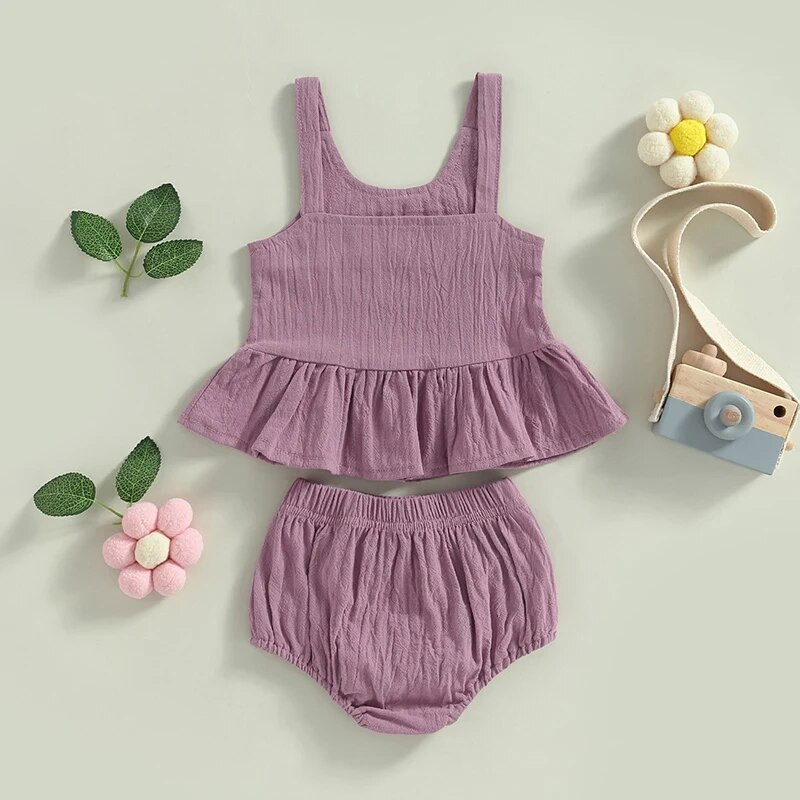 0-24M dievčenské ležérne letné oblečenie, jednofarebné bez rukávov, volánové topy, šortky, novorodenecké oblečenie pre batoľatá