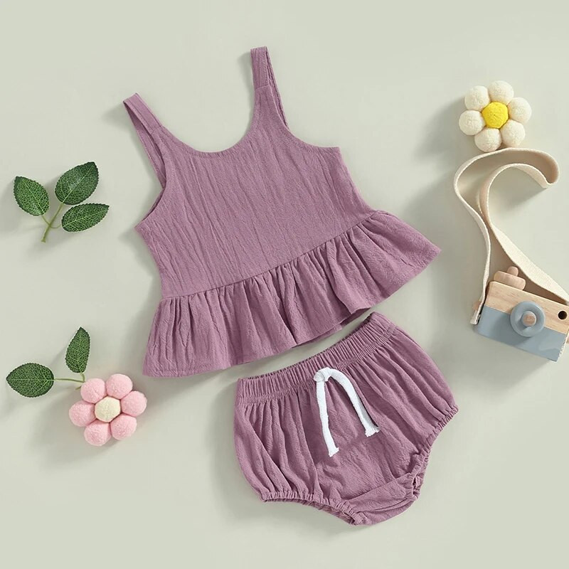 0-24M dievčenské ležérne letné oblečenie, jednofarebné bez rukávov, volánové topy, šortky, novorodenecké oblečenie pre batoľatá