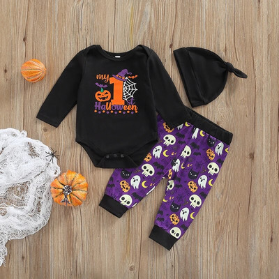 3 db Újszülött Baba Fiú Lány Halloween Outfit Levelek Nyomtatott Hosszú ujjú Romper Body Ghost Pumpkin Pants szett