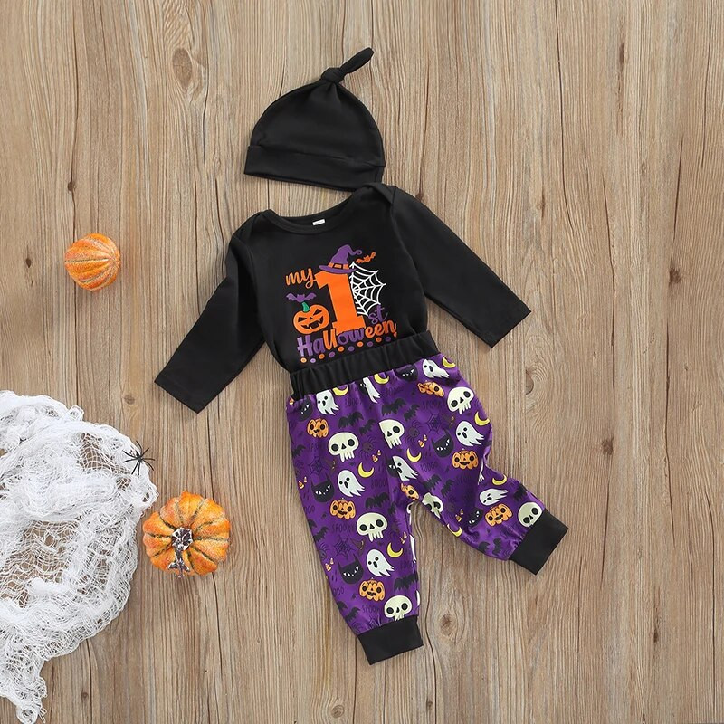 3Gb Jaundzimušais Zēns Meitene Halovīni Apģērbs Burti Drukas Garās Piedurknes Romper Bodysuit Ghost Ķirbju Bikses Komplekts