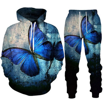 Нова качулка/панталон/костюм с 3D печат на пеперуди Мъжки и дамски ежедневен пуловер с качулка Суичър Спортно облекло Дамско писто от две части
