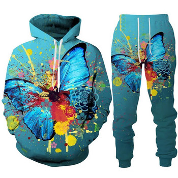Нова качулка/панталон/костюм с 3D печат на пеперуди Мъжки и дамски ежедневен пуловер с качулка Суичър Спортно облекло Дамско писто от две части