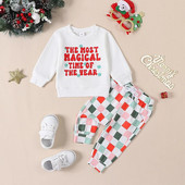 Kislány, fiúk, első karácsonyi ruháim, nyomtatott környakú pulóver nadrággal, csecsemő őszi téli ruhakészlet