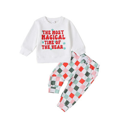 Kislány, fiúk, első karácsonyi ruháim, nyomtatott környakú pulóver nadrággal, csecsemő őszi téli ruhakészlet