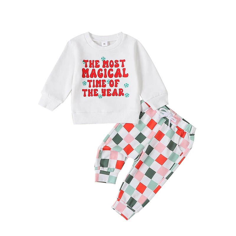 Kislány, fiúk, első karácsonyi ruháim, nyomtatott környakú pulóver nadrággal, csecsemő őszi téli ruhakészlet