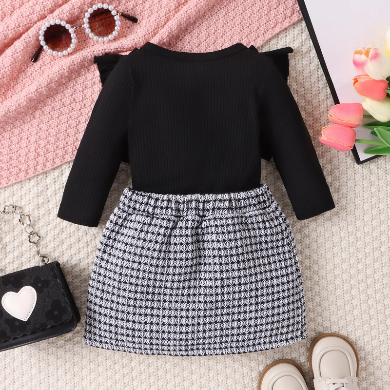 Ανοιξιάτικη Μόδα Βρεφικά Σετ Ρούχα Κοριτσίστικα Μονόχρωμα Μακρυμάνικα βολάν Μπλούζες Καρό Φούστα με Ζώνη 2τμχ Σετ ρούχων
