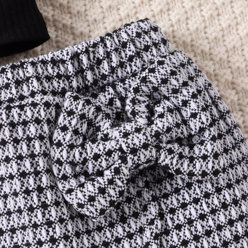 Ανοιξιάτικη Μόδα Βρεφικά Σετ Ρούχα Κοριτσίστικα Μονόχρωμα Μακρυμάνικα βολάν Μπλούζες Καρό Φούστα με Ζώνη 2τμχ Σετ ρούχων