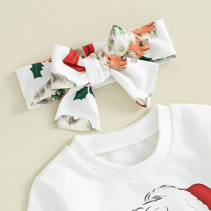 Meiteņu tērpi mazu bērnu Ziemassvētku Ziemassvētku vecīša apdrukai ar garām piedurknēm apaļu kakla džemperu un bikšu galvassegas komplekts