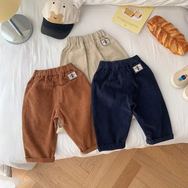 Bērnu velveta bikses 0–5 gadi, bērni zēni, vienkrāsaini elastīgi jostasvietas kabatas bikses, ikdienas apģērbi, pavasara rudens apģērbi