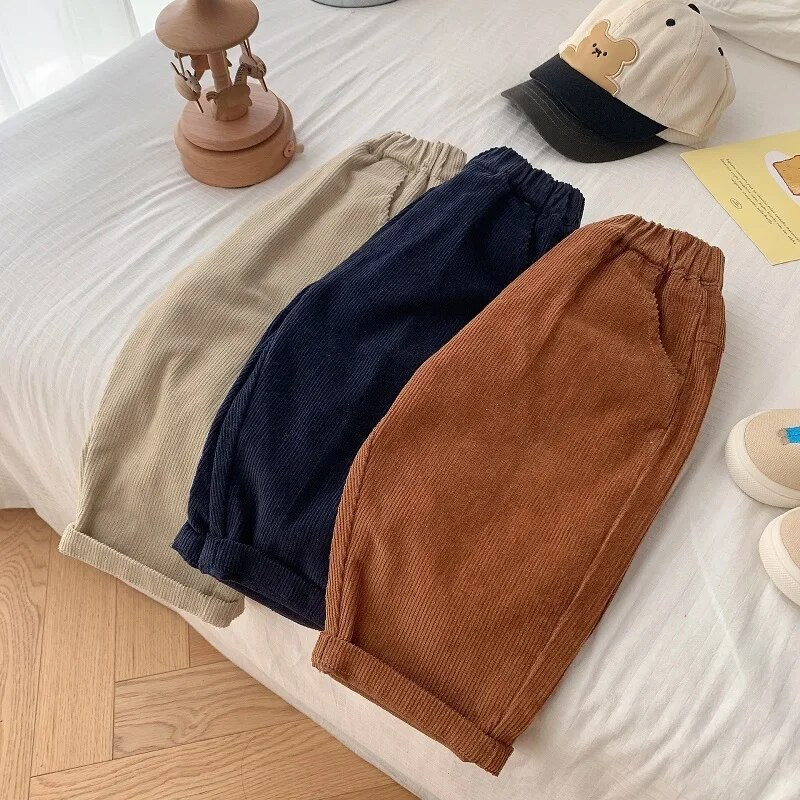 Bērnu velveta bikses 0–5 gadi, bērni zēni, vienkrāsaini elastīgi jostasvietas kabatas bikses, ikdienas apģērbi, pavasara rudens apģērbi