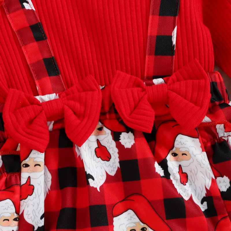 Ziemassvētku rombiņas zīdaiņiem, volāniem, garām piedurknēm, rūtaini Ziemassvētku vecīša apdrukas.