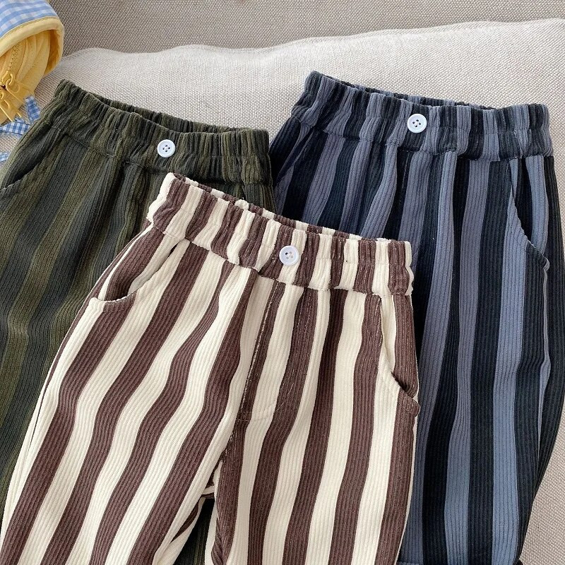 2023. gada ziema, bērnu velveta bikses, bērniem, 0–5 gadi, bērniem elastīga jostasvieta, svītraina vilna, biezas bikses, siltas apakšas, virsdrēbes