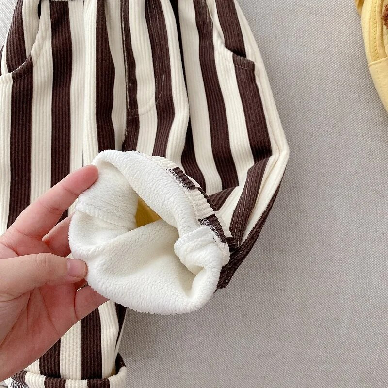 2023. gada ziema, bērnu velveta bikses, bērniem, 0–5 gadi, bērniem elastīga jostasvieta, svītraina vilna, biezas bikses, siltas apakšas, virsdrēbes