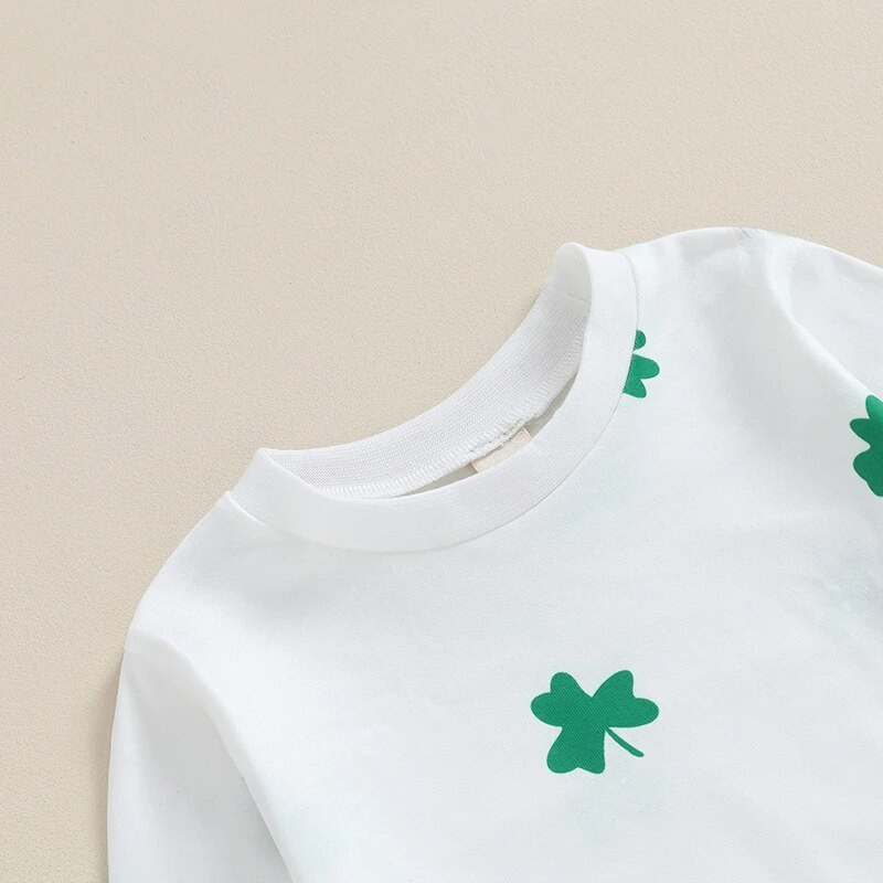 Väikelaste tüdrukute sügispükste komplektid, pikkade varrukatega, neljalehelise ristikuprintiga dressipluus, rohelised vabaaja pükste komplektid