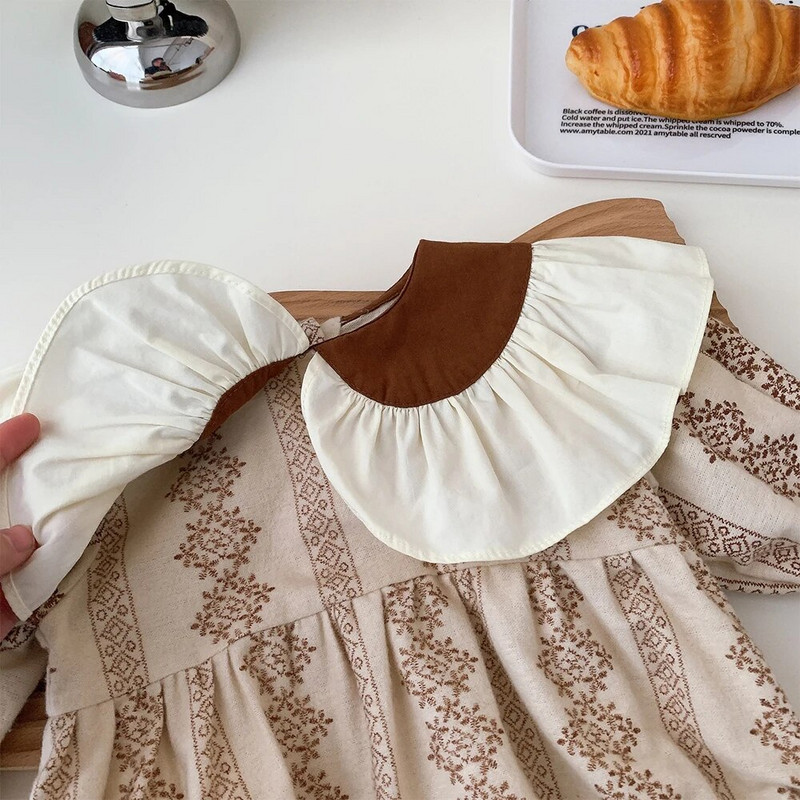 Bear Leader Baby Triangle Creeper, 2023. aasta sügis, uus tüdrukute armas lilletrükk, volangidega kraega pikkade varrukatega body, beebiriided