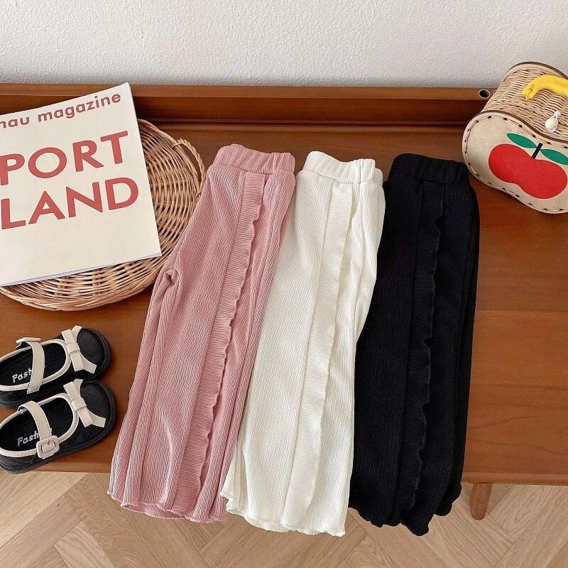 Jesenné detské dievčenské nohavice 0-5 rokov, jednofarebné, s elastickým pásom, volánikmi, rozšírené nohavice, ležérne oblečenie so zvonovým spodným dielom