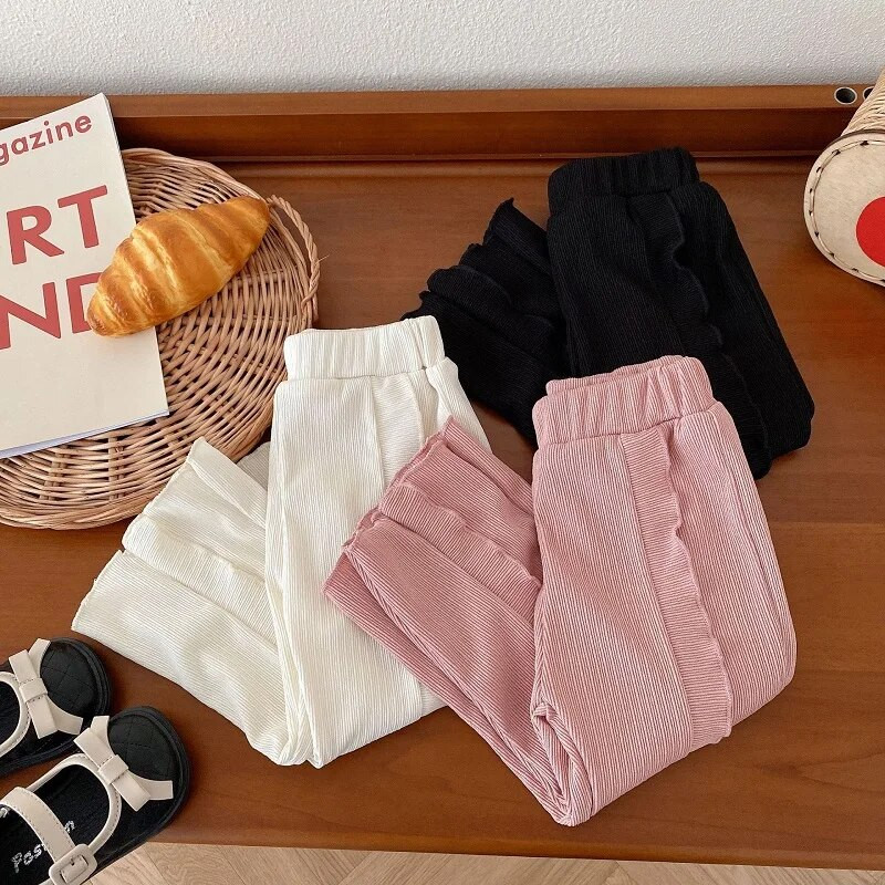 Jesenné detské dievčenské nohavice 0-5 rokov, jednofarebné, s elastickým pásom, volánikmi, rozšírené nohavice, ležérne oblečenie so zvonovým spodným dielom