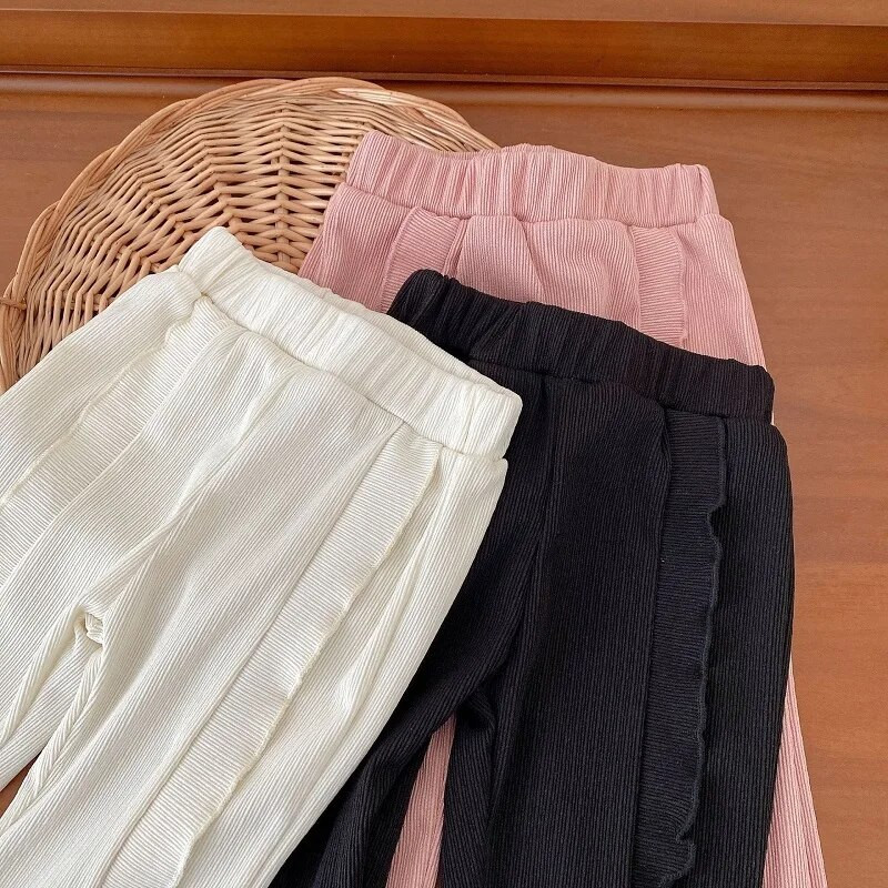 Jesenné detské dievčenské nohavice 0-5 rokov, jednofarebné, s elastickým pásom, volánikmi, rozšírené nohavice, ležérne oblečenie so zvonovým spodným dielom