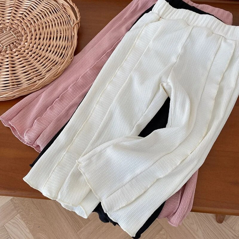 Jesenné detské dievčenské nohavice 0-5 rokov, jednofarebné, s elastickým pásom, volánikmi, rozšírené nohavice, ležérne oblečenie so zvonovým spodným dielom