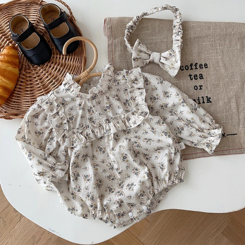 Bear Leader Baby Triangle Creeper, 2023. gada rudens, jauna meiteņu, ziedu apdruka, volāns ar garām piedurknēm, bodijs, zīdaiņu jauka kleita