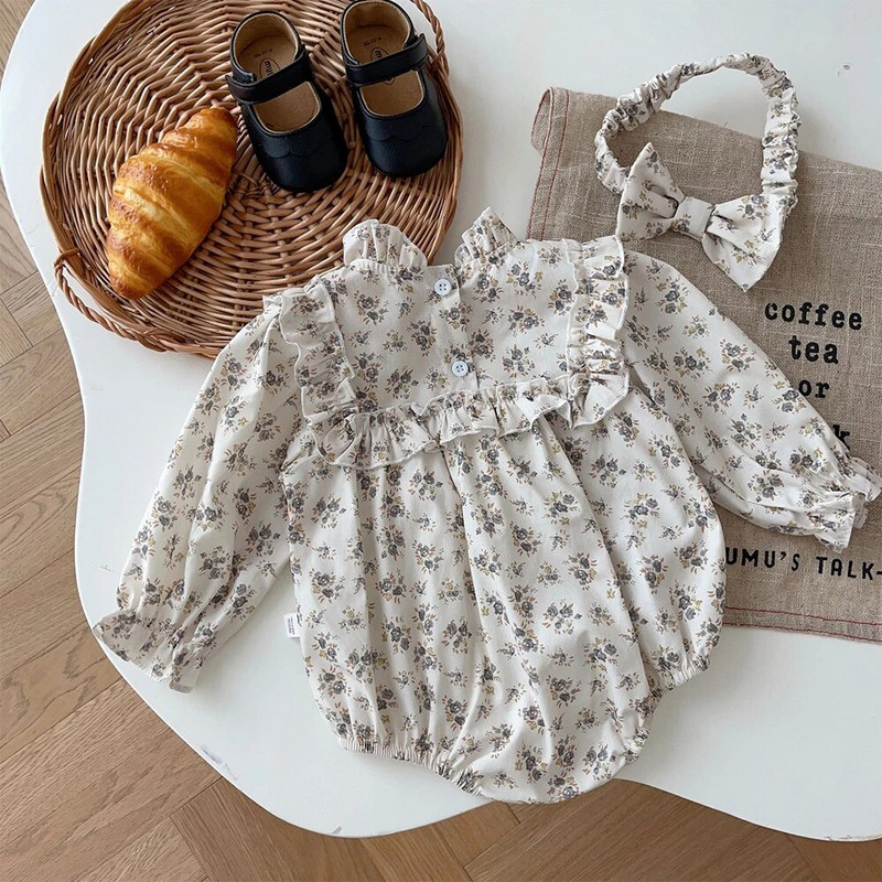 Bear Leader Baby Triangle Creeper, 2023. gada rudens, jauna meiteņu, ziedu apdruka, volāns ar garām piedurknēm, bodijs, zīdaiņu jauka kleita