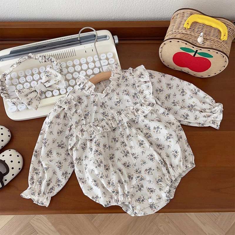 Bear Leader Baby Triangle Creeper, 2023. gada rudens, jauna meiteņu, ziedu apdruka, volāns ar garām piedurknēm, bodijs, zīdaiņu jauka kleita