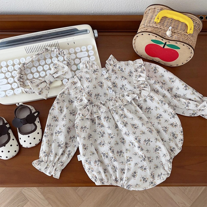 Bear Leader Baby Triangle Creeper, 2023. gada rudens, jauna meiteņu, ziedu apdruka, volāns ar garām piedurknēm, bodijs, zīdaiņu jauka kleita