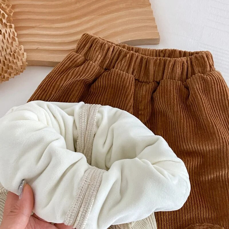 Jaunas ziemas bērnu velveta bikses 0–5 gadiem bērniem vienkrāsains elastīgs viduklis Flīss, biezs skriešanas bikses, virsdrēbes, siltie apģērbi