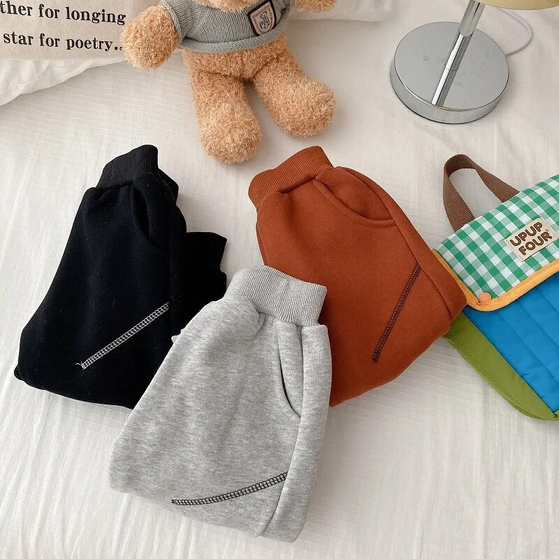 Bērnu sporta bikses 0–6 gadi, bērni zēni, vienkrāsains elastīgs jostasvietas vilna, bieza silta skriešanas bikses, virsdrēbes ziemas apģērbi