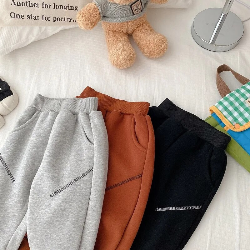 Bērnu sporta bikses 0–6 gadi, bērni zēni, vienkrāsains elastīgs jostasvietas vilna, bieza silta skriešanas bikses, virsdrēbes ziemas apģērbi