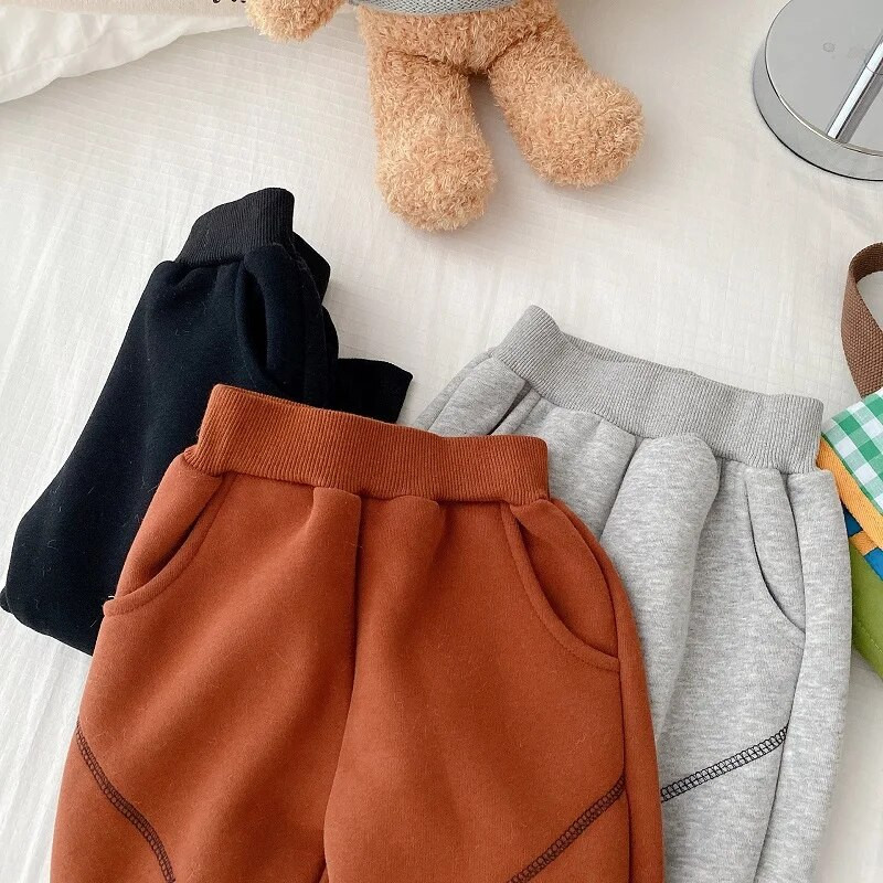 Bērnu sporta bikses 0–6 gadi, bērni zēni, vienkrāsains elastīgs jostasvietas vilna, bieza silta skriešanas bikses, virsdrēbes ziemas apģērbi