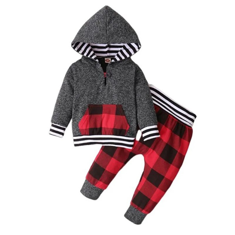 Božićno odijelo za dječake od 2 komada, majica dugih rukava s džepovima + kockaste hlače, modna odjeća za dječaka od 3 do 24 mjeseca