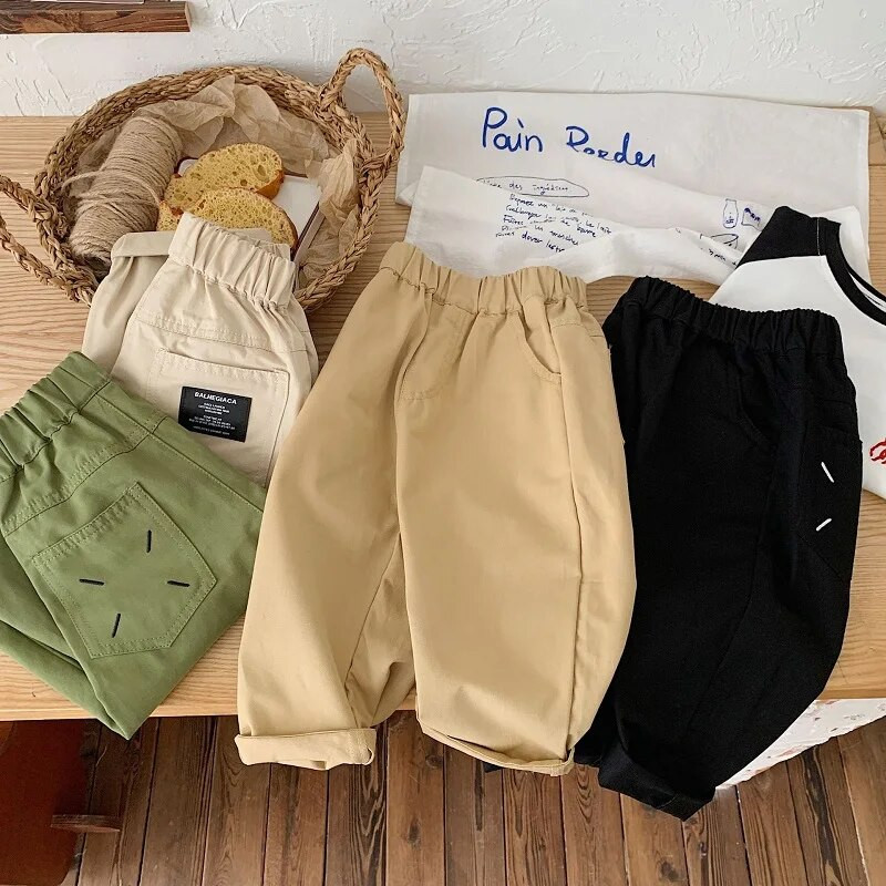 2023. gada rudens, bērnu bikses zēniem, 1–7 gadi, mazuļi, bērni, elastīgs viduklis vienkrāsains, vienkāršas bikses, brīvas apakšas, tērpi, apģērbi